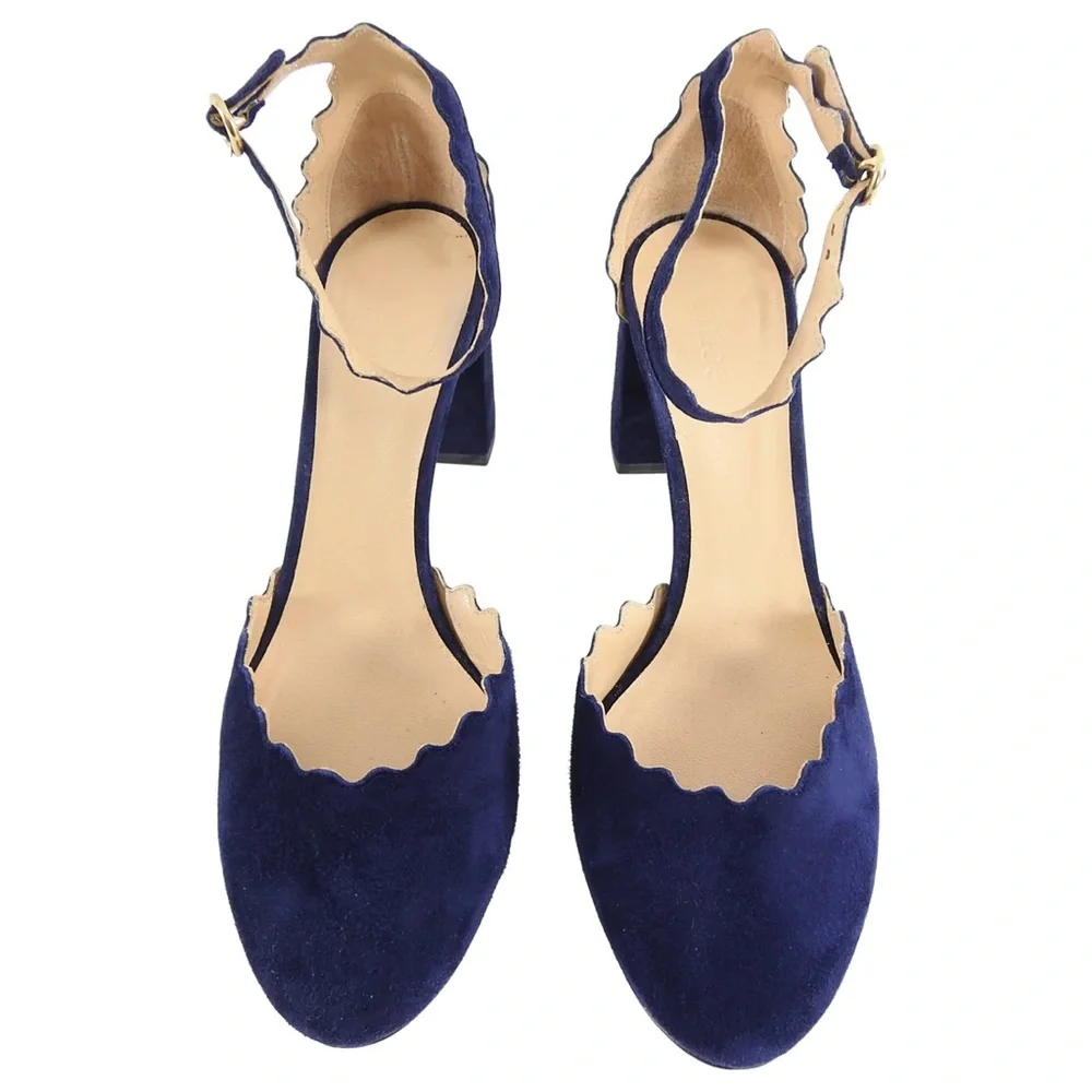 Chloé | Women's Navy Lauren Scalloped Suede D'orsay Block Heel Pumps - Picture 3 of 9